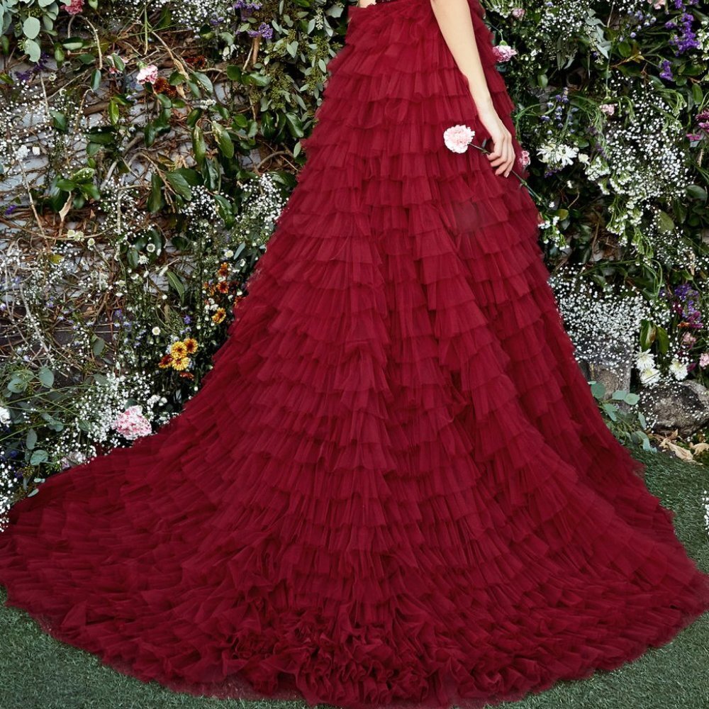 BURGUNDY OFF THE SHOULDER RUFFLE BALL EVENING BRIDAL WEDDING PARTY PROM GOWN - Picture 5 of 8